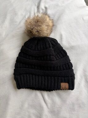 C.C Kids Black Knit Beanie with Tan Faux Fur Pom